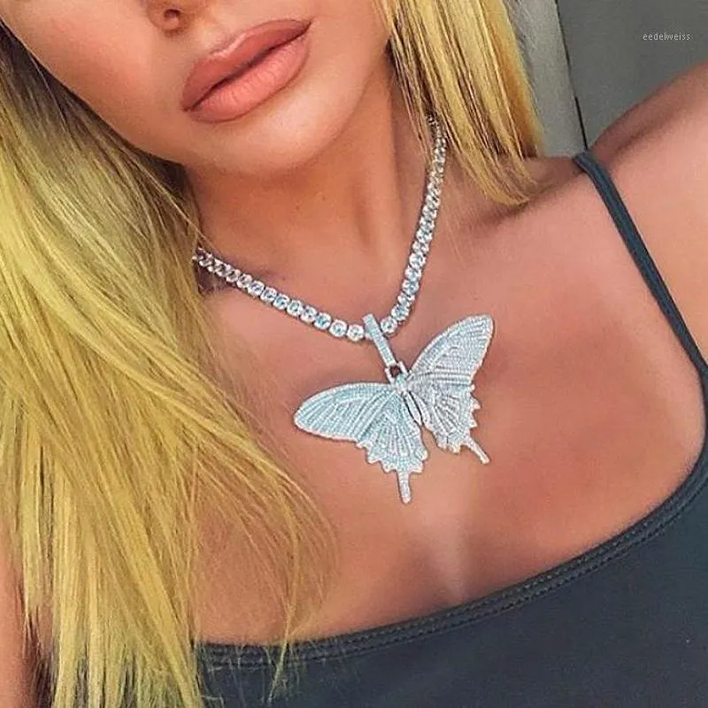 Łańcuchy Hiphop Rose Gold Butterfly Naszyjniki Różowy Kubański Łańcuch Link Dla Kobiet Loted Out 5mmtennis Cubic Cyrkon Biżuteria1