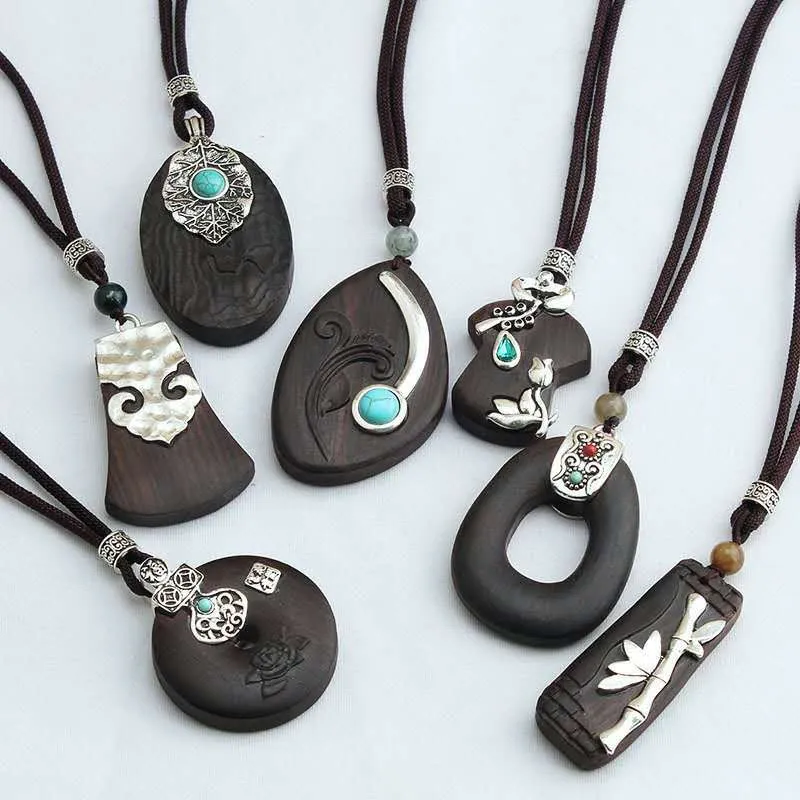 Foreign trade ethnic style simple ebony retro wooden pendant necklace