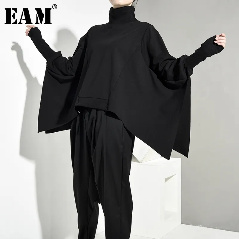 [EAM] Loose Fit Noir Oversize Retour Long Sweat Nouveau Col Haut À Manches Longues Femmes Grande Taille Mode Printemps Automne OA8690 201102