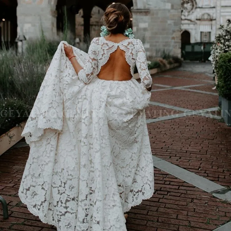 2020 Beautiful Bohemian Beige Lace Open Back Wedding Dress with Sleeves Vintage Boho Beach Wedding Dresses Country Plus Size Bridal Gown