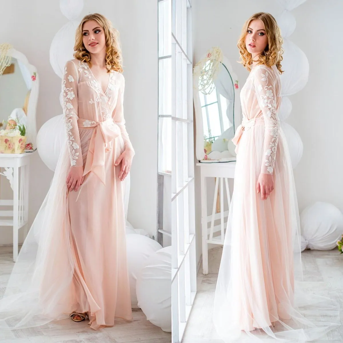 Nowy Elegancki Blush Blush Różowy Nocny Szaty Kobiety Lamki Illusion Lace Aplikacje Blisko Bathrobe Sheer Nightgowns