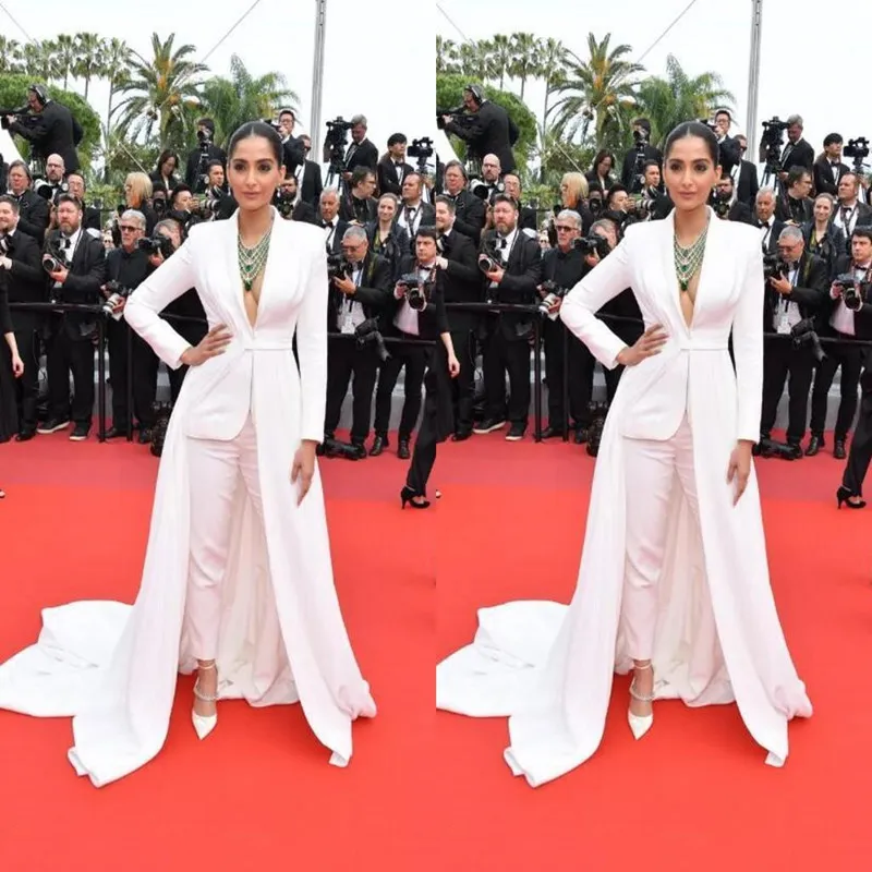 2022 Celebrity Red Carpet Jumpsuit With Train Sexy V Neck Long