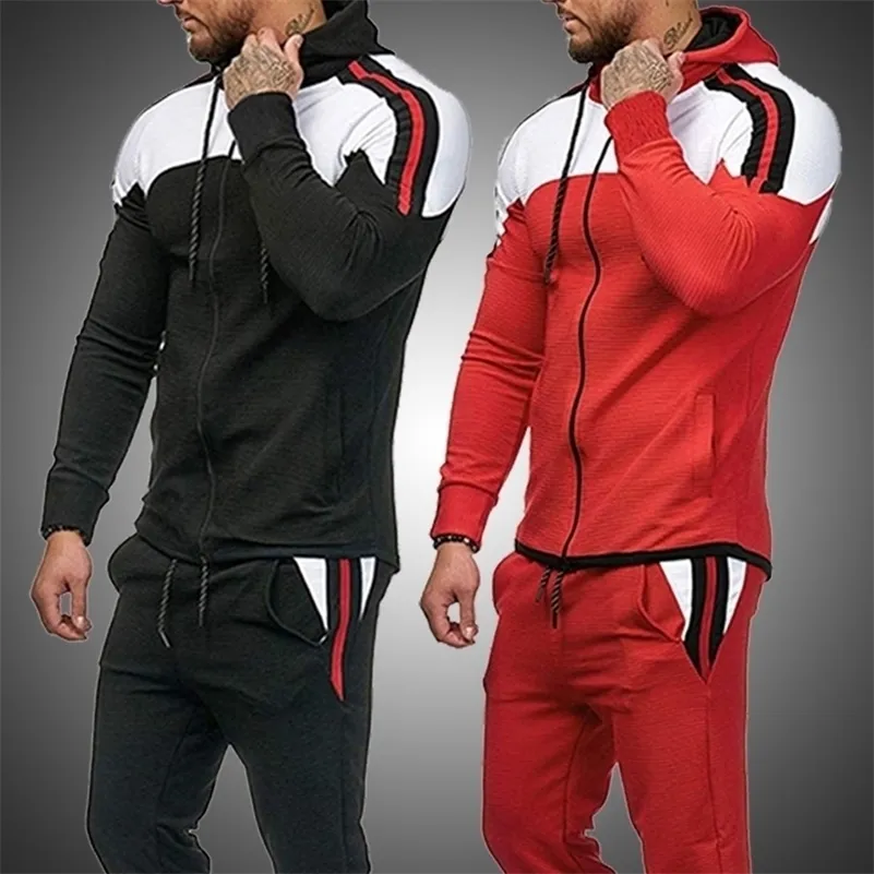 Märke Fashion Tracksuit Men Zipper Hoodies + Sweatpant Set Mens Gym Joggers Sweatshirts Passar Man Höst Sportkläder Sats 201109