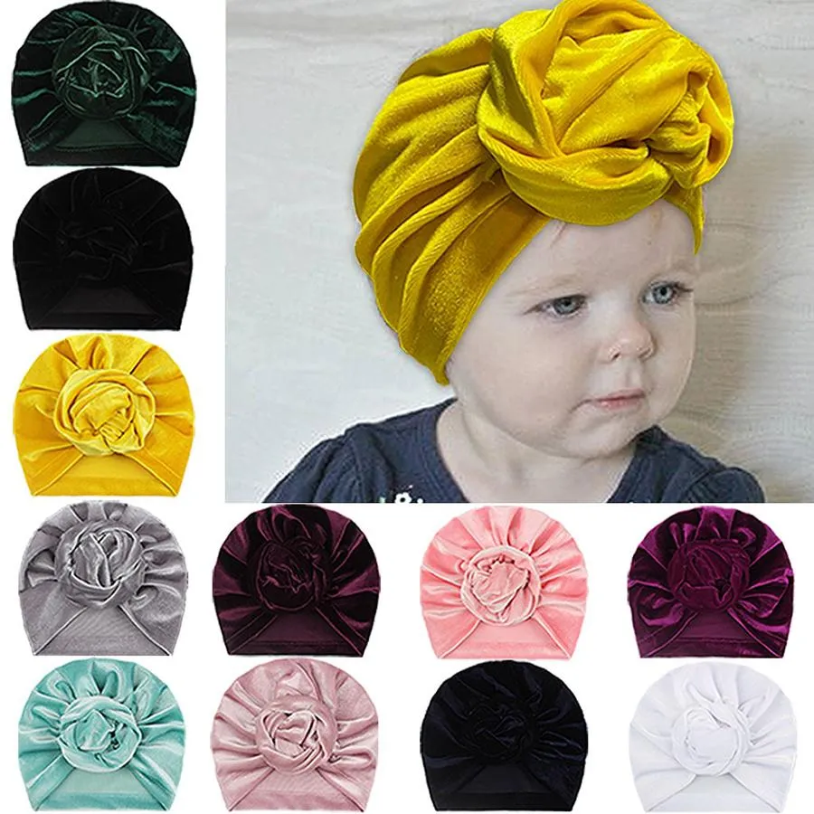 Bébés filles velours doré chapeaux indiens infantile fleurs nouées casquettes enfants en plein air bonnets amples casquettes pour tout-petits chapeaux pour bébés 11 couleurs