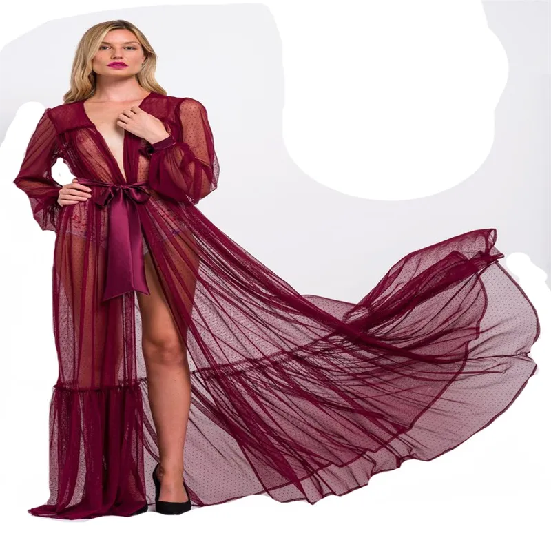 Real Image Rotes Nachtkleid aus weichem Tüll mit Punkten, Pyjama-Bademantel, Braut-Nachtwäsche, V-Ausschnitt, lange Ärmel, Bandroben, maßgeschneiderte Mädchen-Nachtwäsche-Kleider