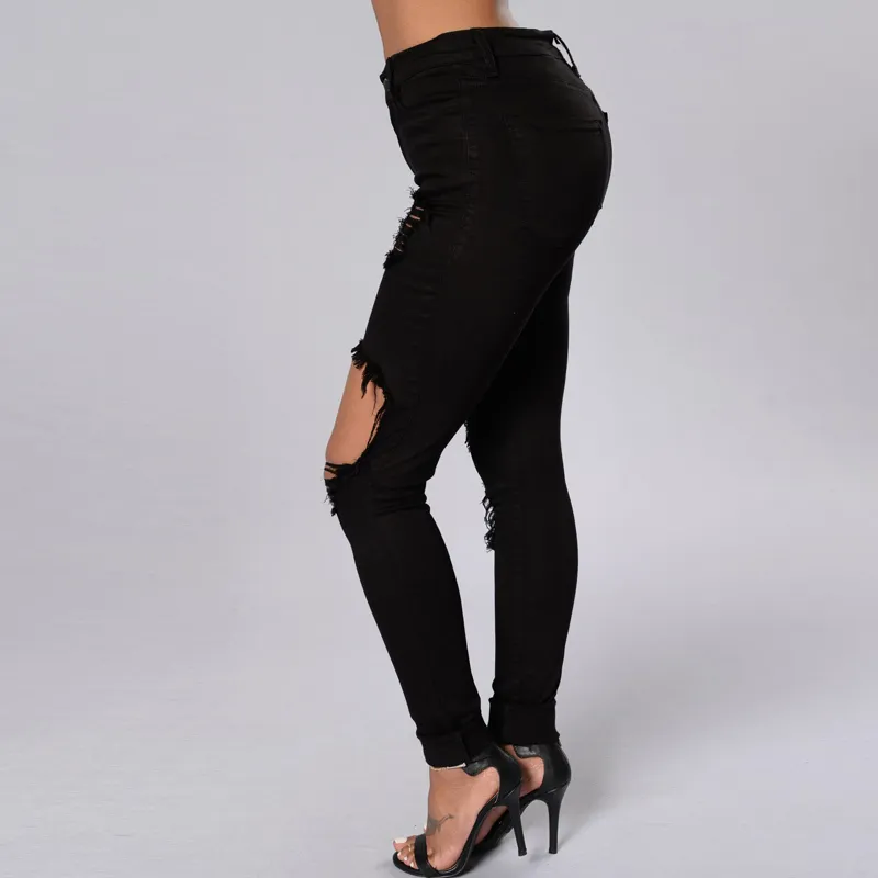 Jeans strappati neri per le donne Pantaloni a matita denim Pantaloni a vita alta Stretch Jeans aderenti Jeggings strappati Taglie forti Abbigliamento