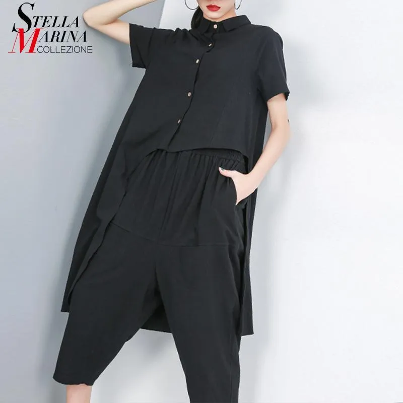 Tvådelad klänning 2021 Korean Style Women Summer Black Pieces Set Short Sleeve Blus Skjorta kalvlängd Lossa byxor Kvinnliga kostymer 90071