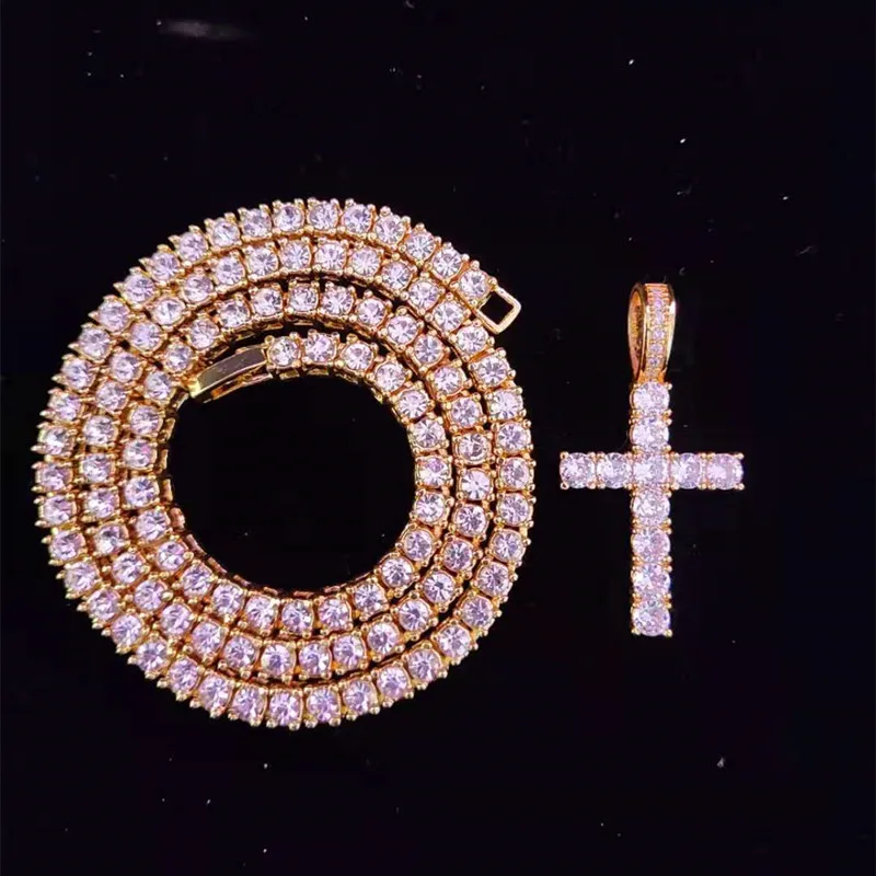 Colliers pendentifs hommes femmes Hip Hop collier croix avec chaîne de tennis en zircon de 4 mm glacé Bg HipHop bijoux cadeau de mode_voghion.com