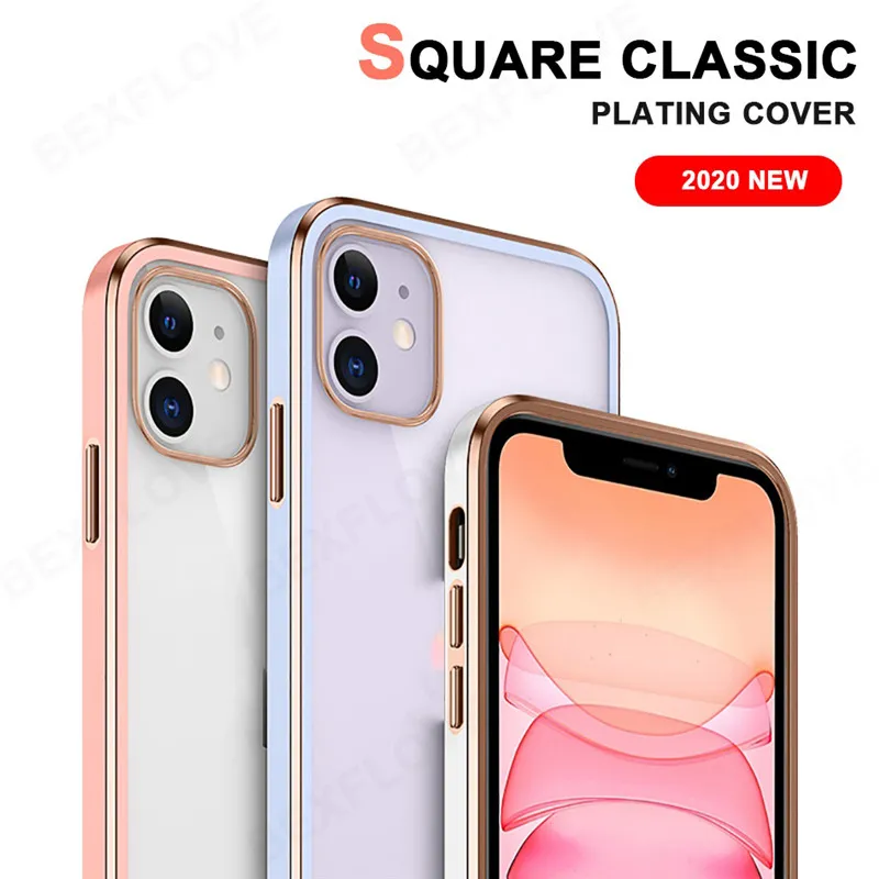 Telefone caso do iPhone para 12 12 Mini 12 Pro Max XR X XS 7 8 Plus casos de silicone transparente Praça chapeamento tampa de liberação de