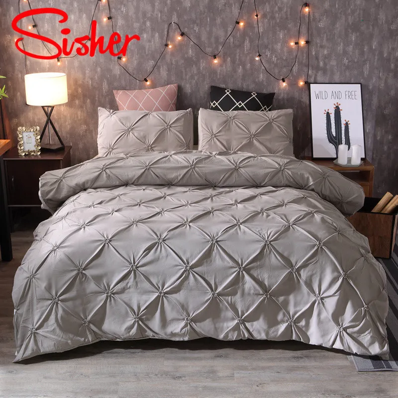 Luxury Classic 2/ Bedclothes Duvet Cover Sets with Pillowcase Solid Color Pleat Bedding Set Single Queen King Size Bed Linen LJ201015