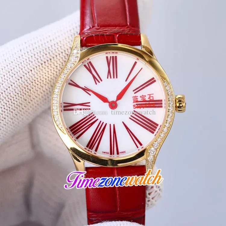 Fashion Ladies Watches 428.58.36.60.11.001 Swiss Quartz Womens Watch White Dial Red Roman Markers Diamonds Bezel 18K Gold Case Red Leather Timezonewatch E435A (2)