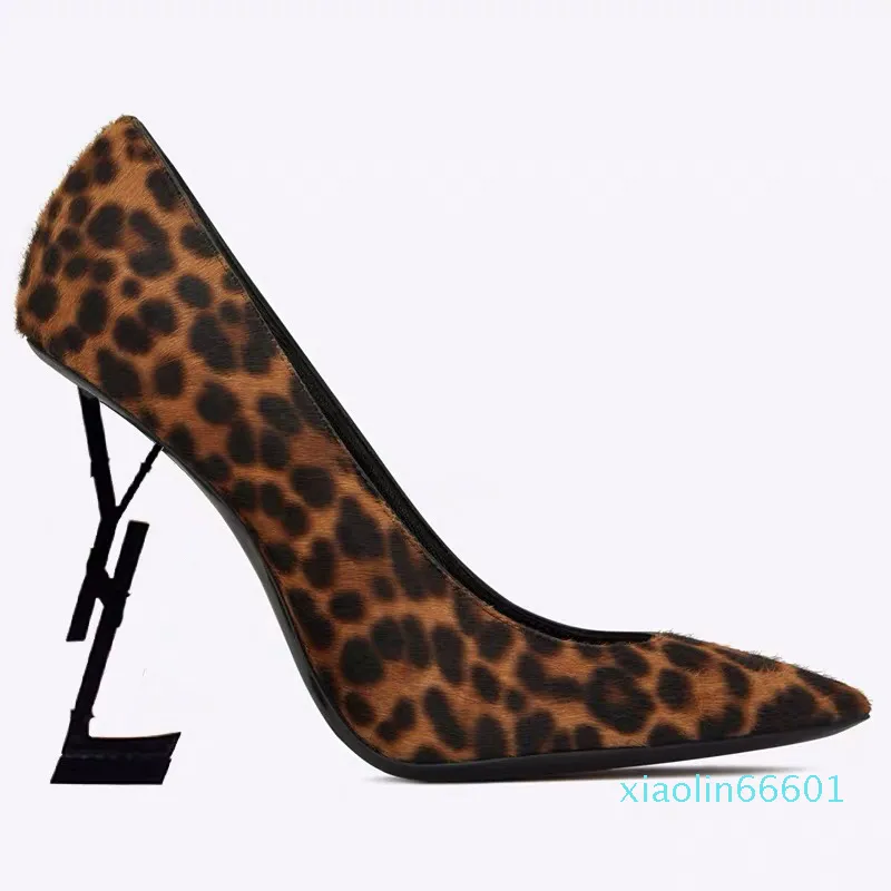 Mode-lady klänning skor pekade tå läder 10cm högklackat sexig patent leopard bankettpumpar kvinna bröllop pump