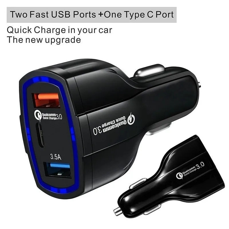 Caricabatterie Auto Rapido Qualcomm QC 3.0 2 Porte USB Nero Universale