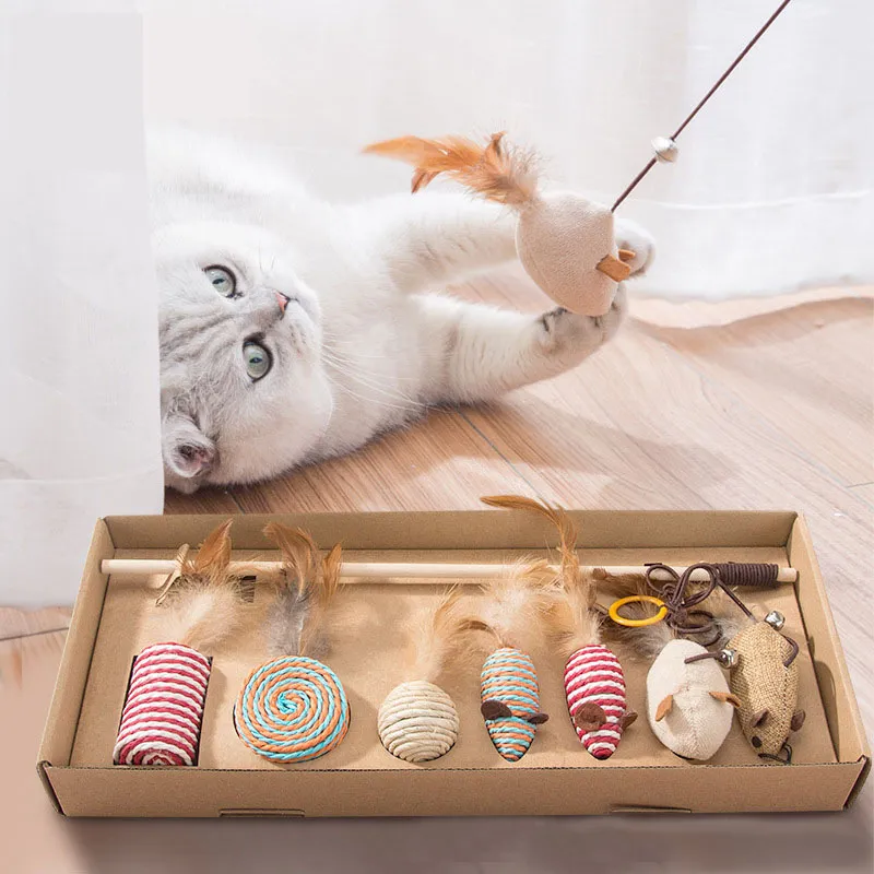 7 Stijl / 1 Set Cat Toy Hennep Touw Interactieve Stick Grappige Katten Speelgoed Kitten Muis Vissen Game Wand Feather Pet Supplies Accessoire LJ200826