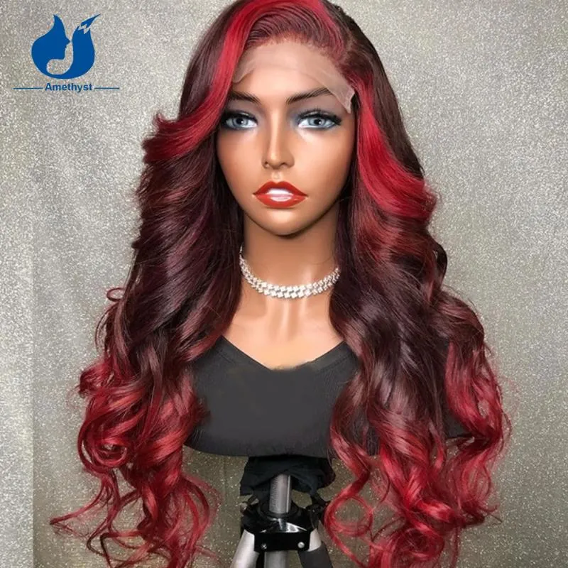 Lace Paryks ametist Ombre Red Burgundy Front Human Hair Brazilian Remy Highlight Wave Closure 5.5x4.5 Pu Silk Top