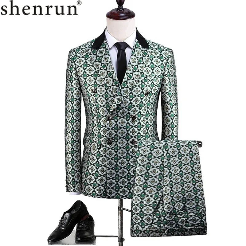 Shenrun hommes mode double boutonnage costume vert motif floral de haute qualité costumes de marié fête bal scène costume chanteur batteur 201106