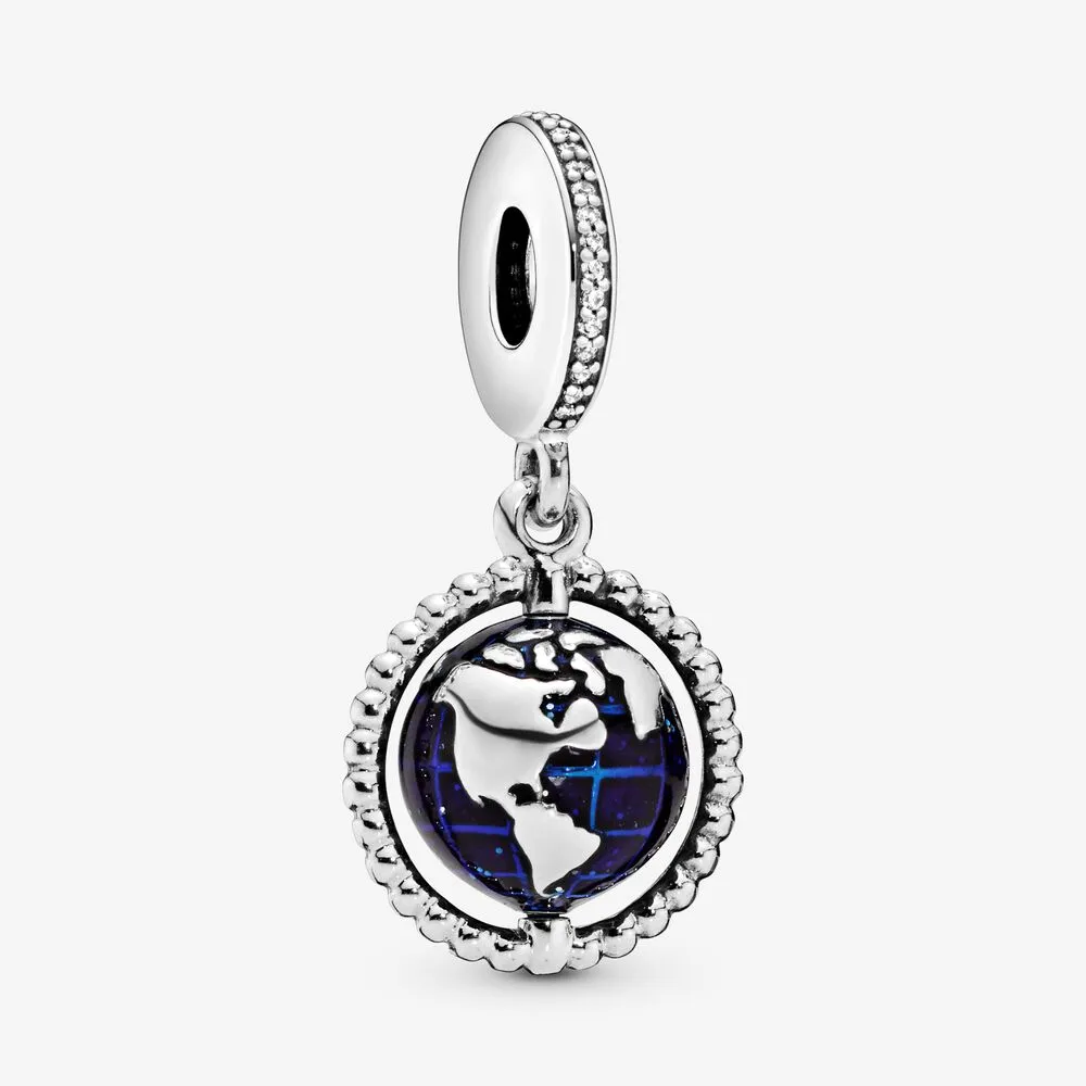 100% 925 Sterling Silver Spinning Globe Ciondola Charms Fit Braccialetto di fascino europeo originale Moda Donna Accessori per gioielli di fidanzamento di nozze