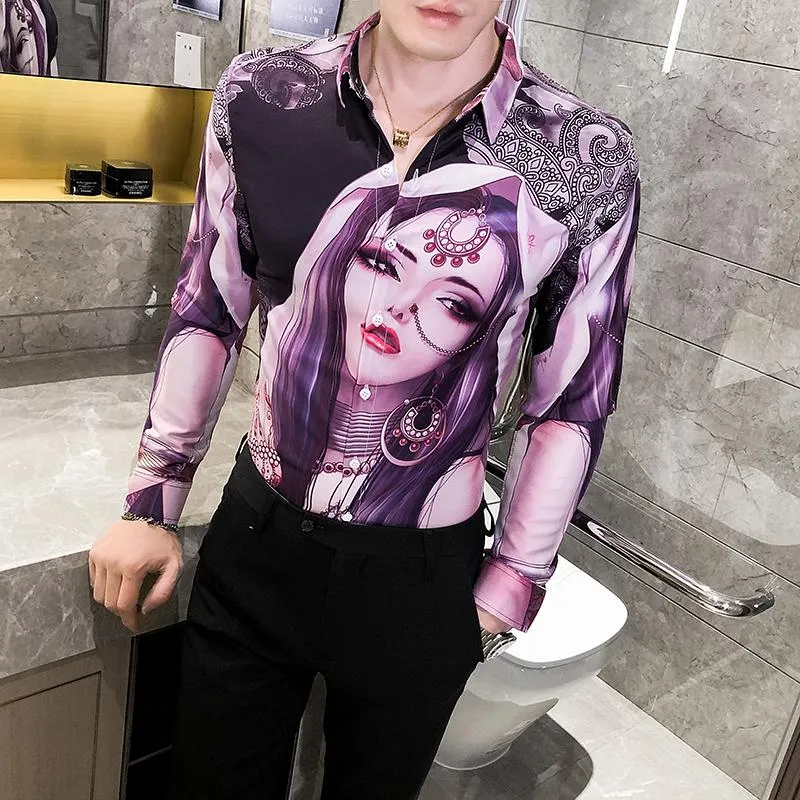 Sexy Beauty Girl Imprimir Camisa Men 2021 Manga Longa Preto Branco Roxo Camisas Para Homens Designer Camisa Hombre Casual Club Prom V217