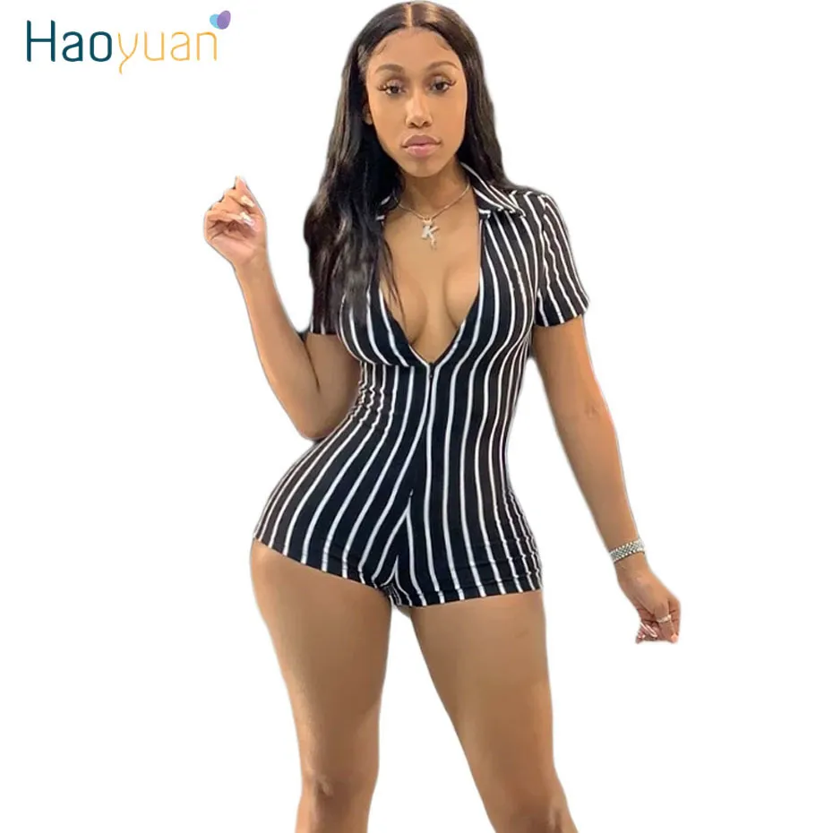 ZOOEFFBB Sexy Striped Bodycon Rompers Women Jumpsuit Shorts 2020 Elastic Fashion Clothes Body Overalls One Piece Club Playsuit T200704