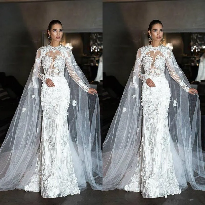 2021 Modest Syrenki Suknie Ślubne 3D Kwiatowy Aplikacja Handmade Kwiaty Mermaid z Cape Jewel Neck Chapel Wedding Gown Vestido de Novia