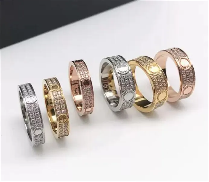 Fashion Jewelry full diamond titanium steel silver love ring men and women rose gold rings for lovers couple jewelry gift