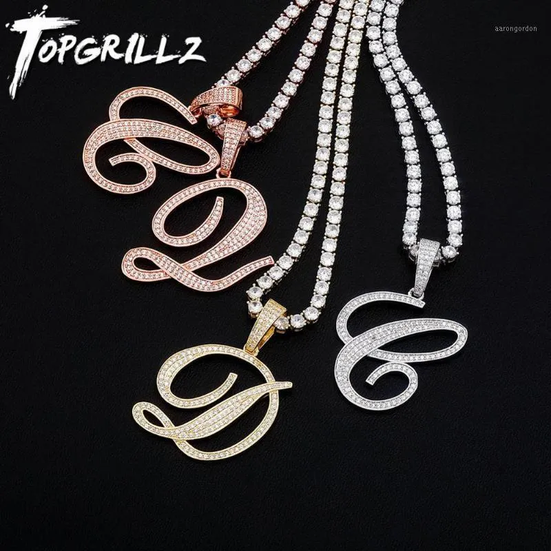 Pendentif Colliers Topgrillz 2021 A-Z Plus grande taille Lettres cursives Nom Glacé Zircone cubique Hip Hop Mode Charme Bijoux pour cadeau1