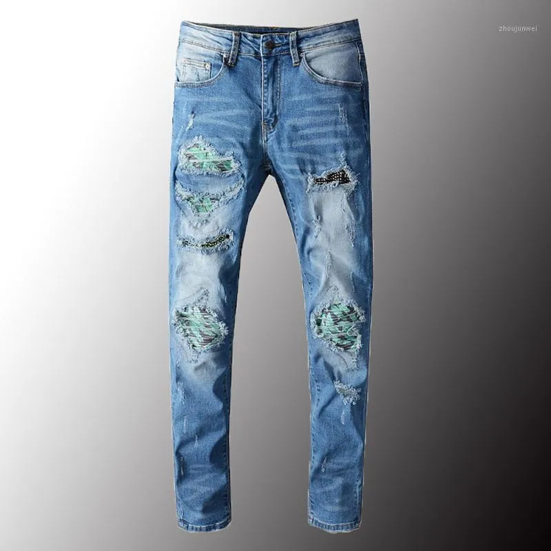 Jeans Masculinos Luxo Mens Cristal Patchwork Plissado Biker Slim Skinny Rasgado Calças Denim Calças Azul Plus Size 40