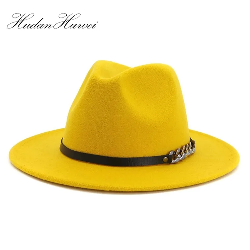 Hommes Femmes Flat Brim Panama Style Feutre De Laine Jazz Fedora Chapeau Gentleman Europe Chapeau Formelle Jaune Floppy Trilby Chapeau De Fête Y200110