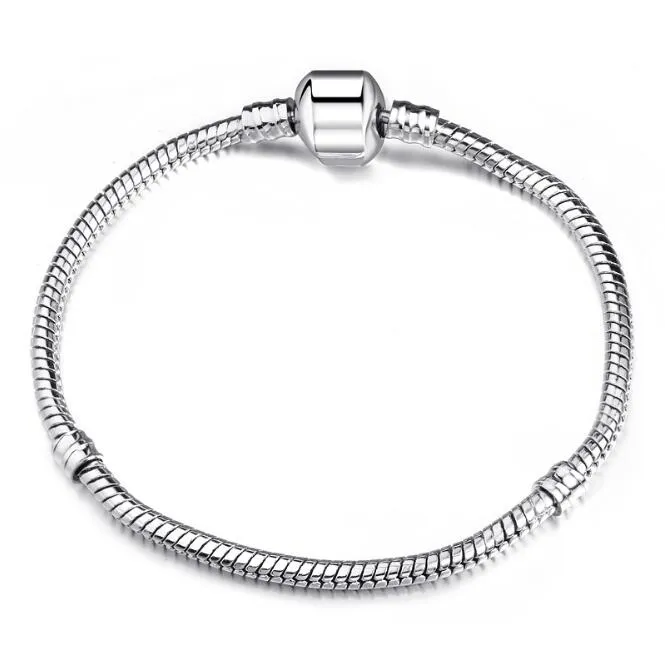 Bestseller Heißer Verkauf 925 Silber Europäisches Perlen-Charm-Armband (6,0 Zoll ~ 9,0 Zoll Mischungsgröße) 3 mm Schlangenarmband 200 Stück/Los