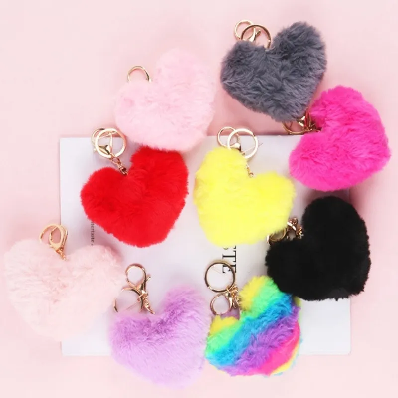 With Metal Circle Clip Heart Key Chain Holders Furry Heart Cute Stuffed Plush Car Accessories Bag Pendants Toys Rabbit Hair Ball Gift G12904