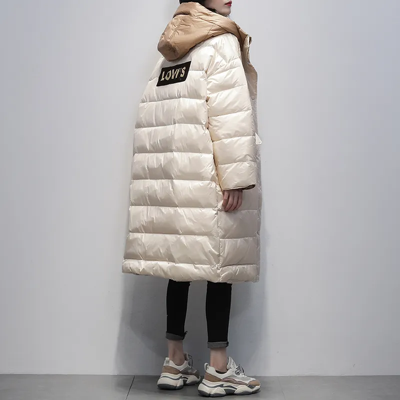 90% biała kaczka dół kurtka z kapturem kobiety grube długi luźny płaszcz zimowy żeński koreański żeński puffer kurtki doudoune femme znosić lj201021