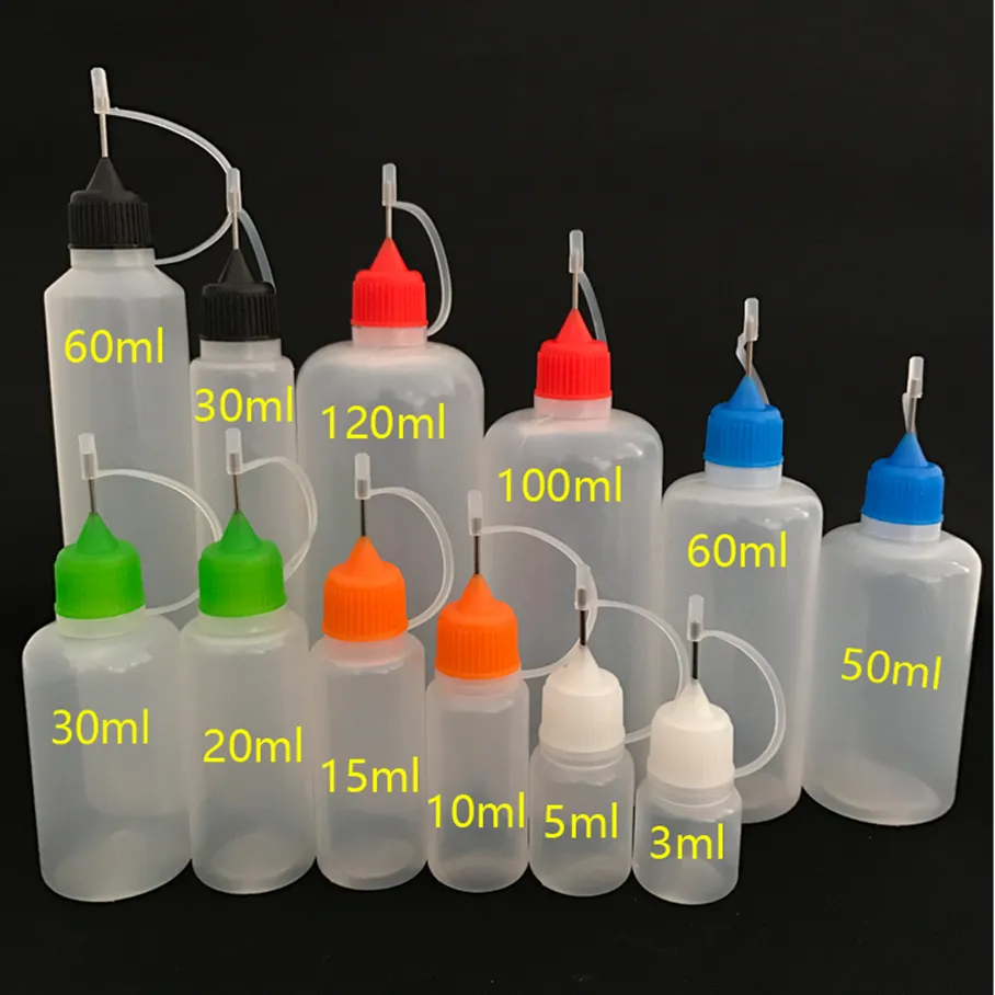 Tom plast nålflaska 30 ml 50 ml 60 ml för juice färgglada droppflaskor flytande PE -olja med barnsäker lock