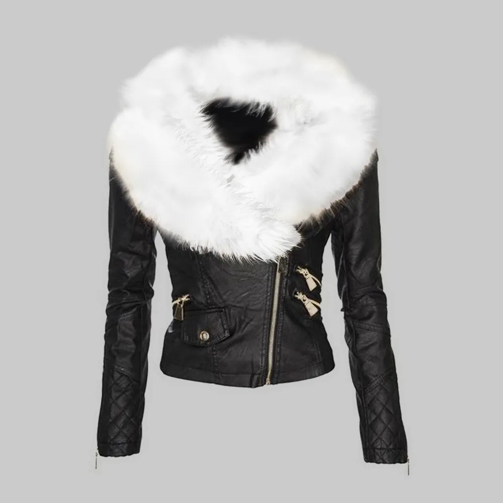 品質一番の Women's Black Faux Fur Leather ladies biker jacket with Clothing