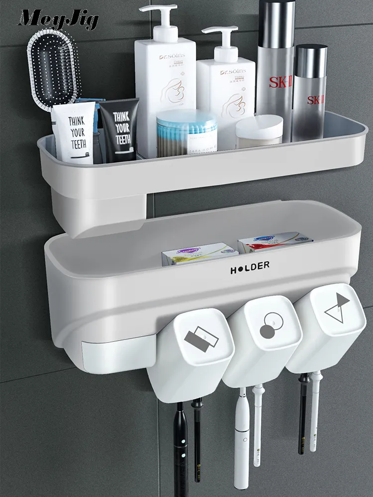 Badrumstillbehör Ställ tandborstehållare Dispenserhållare Automatisk tandkräm väggmontering Rack Badrum Tandborste Verktyg Set LJ200904