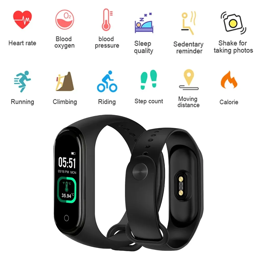 M4 pro smartband termometer m4 uppgradera fitness tracker hjärtfrekvens blodtryck fitness armband smart klocka för ios android