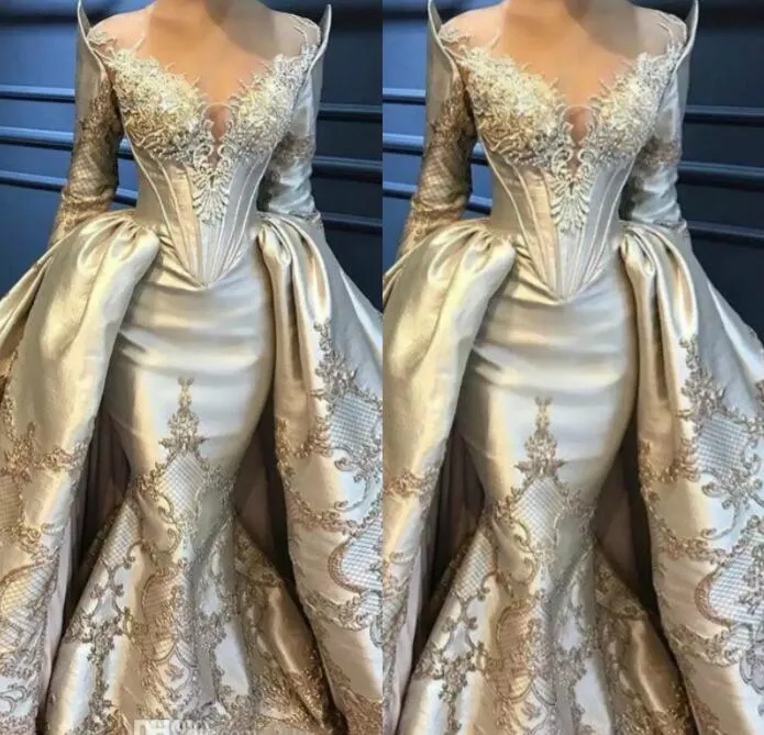 Stunning Evening Dress With Detachable Train Sheer Jewel Neck Long Sleeves Appliqued Beaded Sequins Formal Party Gown Custom Made Prom Dress CG001