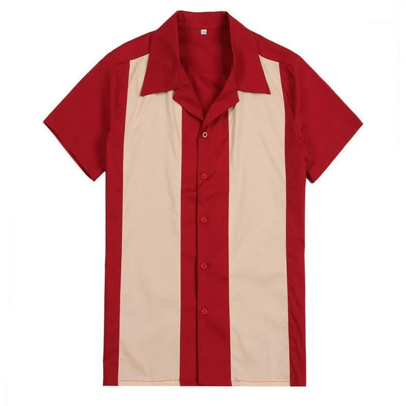 Dikey Çizgili Gömlek Erkekler Tasarımcı Gömlek Kırmızı Kısa Kollu Retro Bowling Düğme-Aşağı Elbise erkek Gömlek Cotton1