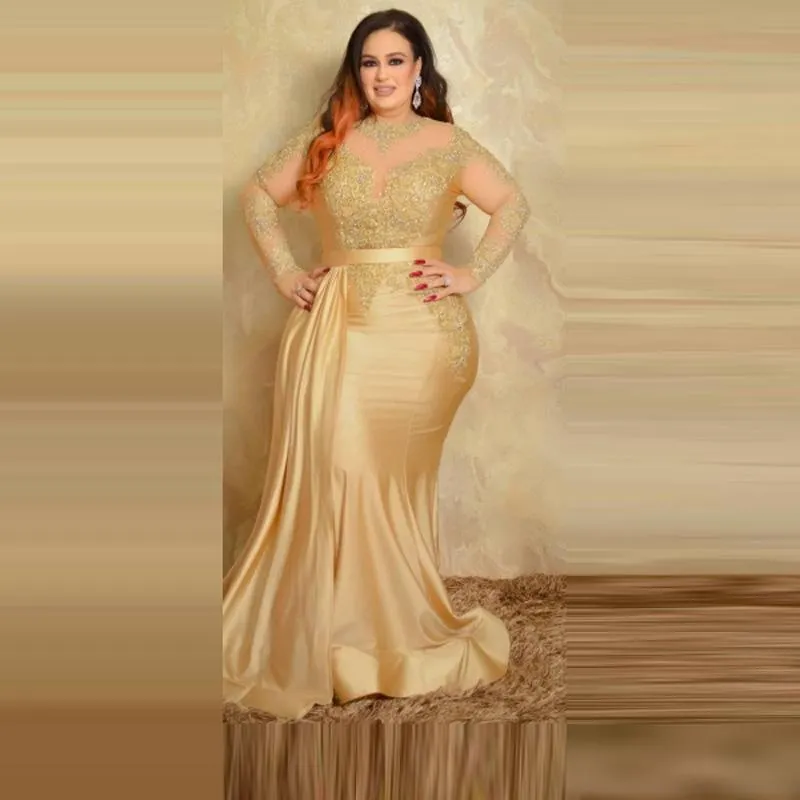 Gold Mermaid Plus Size evening dresses with Appliques Lace and Peplum Sweep Train for Women - Elegant Plus Size Formal Occasion Gown 2022