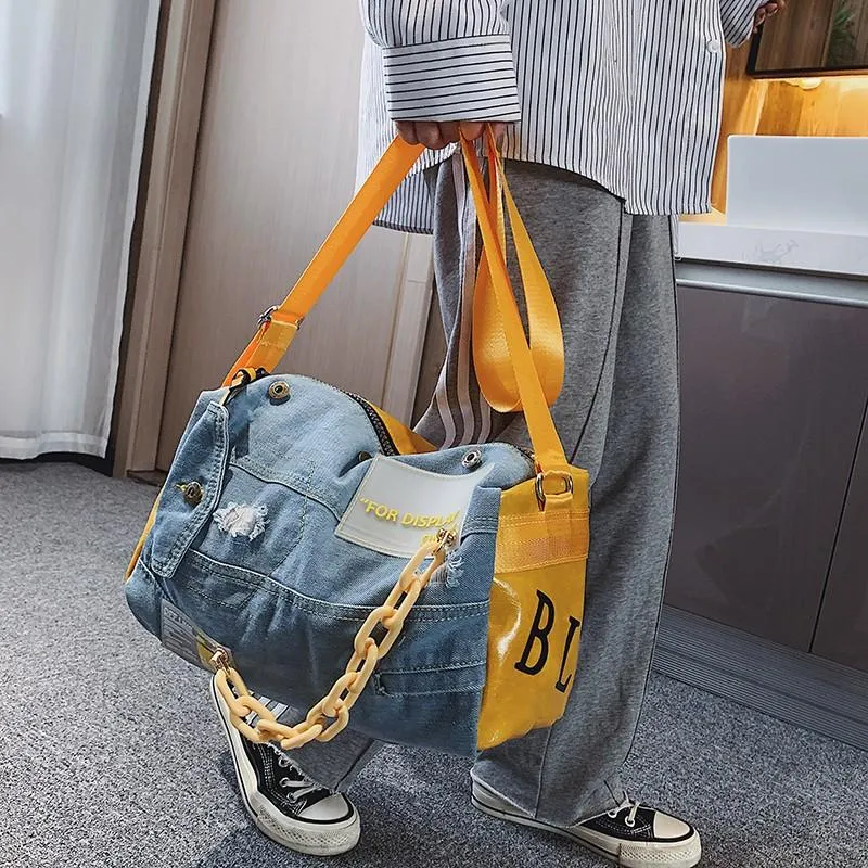 Mode Oxford sac de voyage femmes/hommes bagages à main sacs étui grand voyage sac de week-end mâle/femelle Denim Patchwork sacs de sport