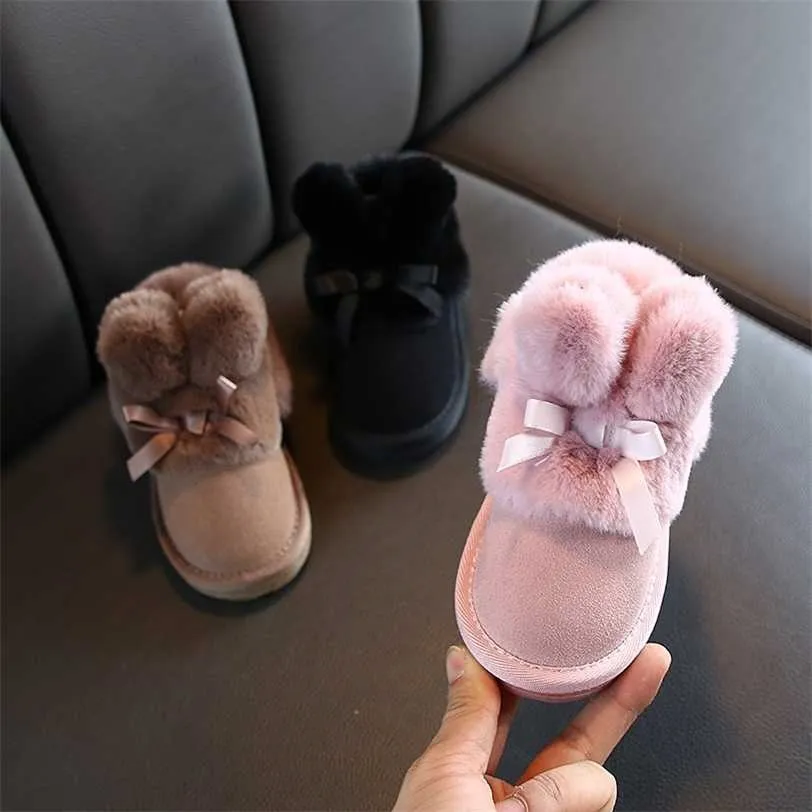 Rabbits Ears Boots Girls Suede Toddler Winter Warm Fur Shoes for Girl Bow Band Baby Snow Kids Footwear C11181 211227