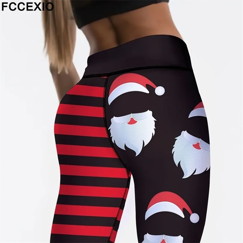 Fccexio lycklig jul hög midja elasticitet tryckt tecknad santa söt legging glädje sexig gym byxor xmas 211221