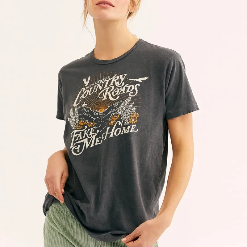 BOHO INSPIRED Graphic Tee 검정 국가 도로 여성 캐주얼 여름 탑 셔츠 새 인쇄 t 셔츠 여성 Y200111