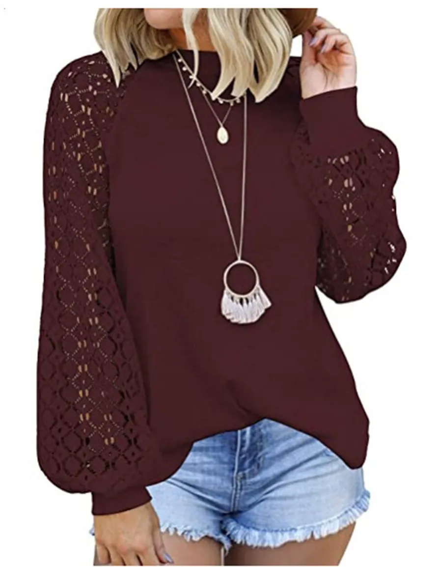 Autumn Women Clothing Long-sleeved T-shirt Tops Lace Patchwork Hollow-out Design Solid Color Casual O-neck Puff Sleeve Pullovers Tees