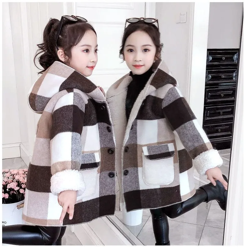 Primavera Autunno 2021 Grandi Ragazze Casual Plaid Giubbotti Con Cappuccio Outwear Moda Di Lana Cappotti Lunghi Abbigliamento Per Bambini Cute Baby Girls Cappotto