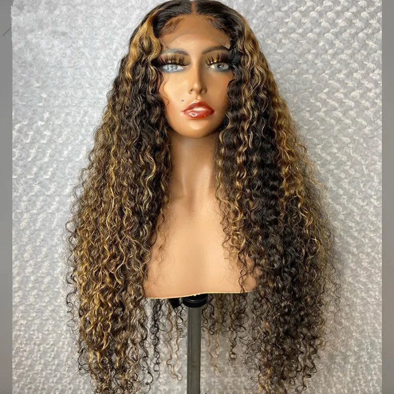 Perruque Lace Wig brésilienne Remy bouclée en soie, cheveux naturels à reflets brun miel blond, 5x5 pouces, 13x6, densité 150, ombré