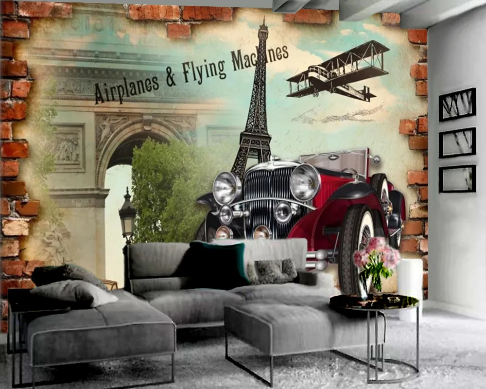 3Dヨーロッパスタイルの壁紙レトロな車の飛行機の壁紙HDデジタル印刷の防湿3Dの壁紙