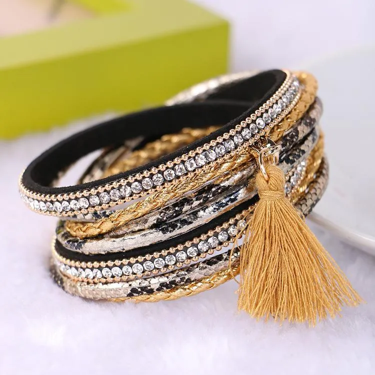 Pulsera infinita Pulsera trenzada multicapa Playa brasileña Imán Hebilla Borla Pulseras de cuero