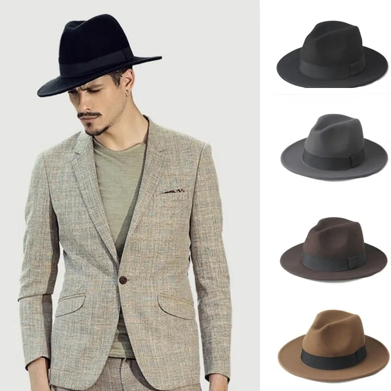2 Big Size 100% Wol Heren Vilt Trilby Fedora Hat voor Heren Breed Bravel Top Cloche Panama Sombrero Cap Maat 56-58, Maat 59-61cm Y200110