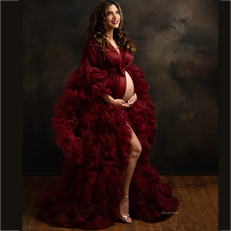 Burgundy Maternity Nightgowns letgwear plus 사이즈 럭셔리 주름 사진 얇은 명주 그물 가운 맞춤형 신부 잠자기 목욕 가운