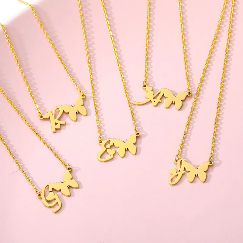 Initial Letters Butterfly Necklace Lady Stainless Steel A Z Letter